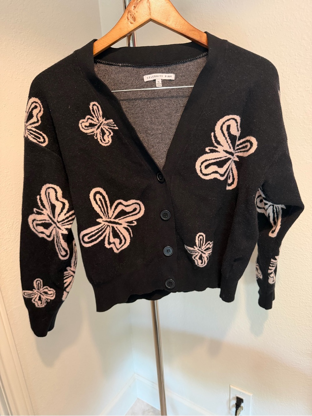 Celebrity Pink Black Cardigan with Pale Pink Butterfly Intarsia